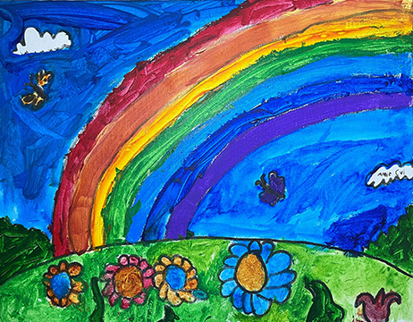 Painting of a rainbow and a field of flowers.
