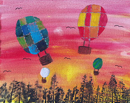 Colorful painting of a red and yellow sky with four hot air balloons flying over trees.