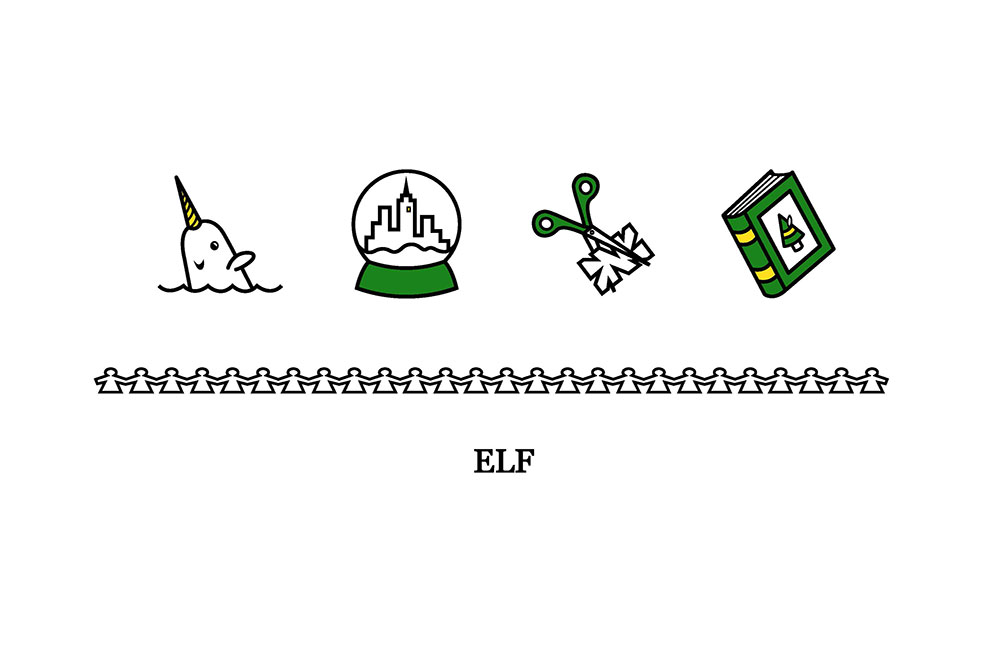 4 icons including: a narwhal, a globe, scissors cutting a piece of paper in to a snowflake, and a book - come together to create the movie: Elf. 