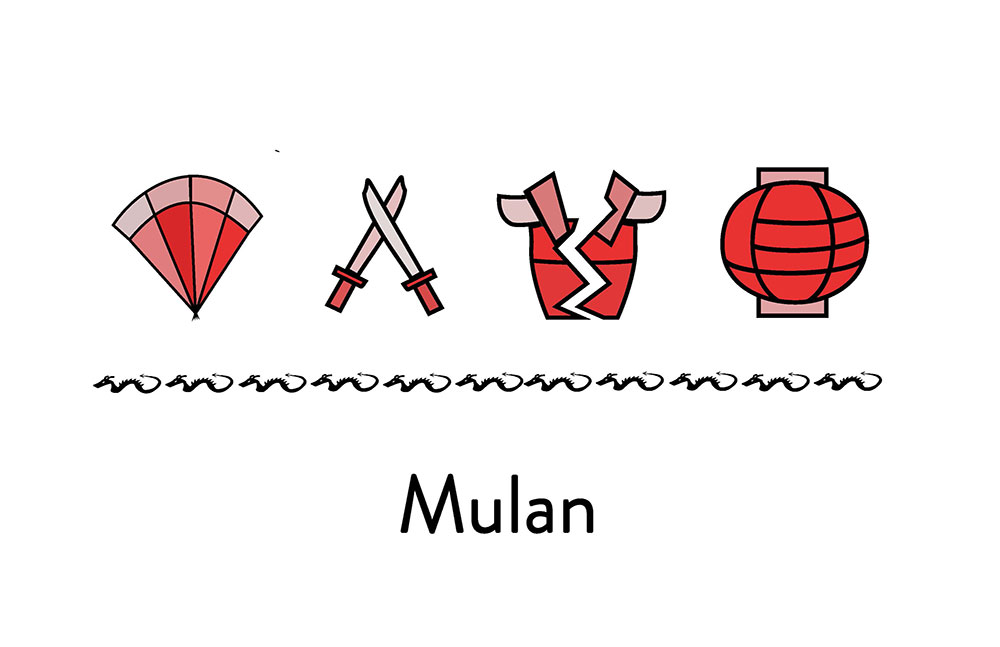 4 icons including: a paper fan, two swords, a piece of armor, and a latter - come together to create the movie Mulan.