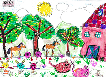 Drawing of animals outside.