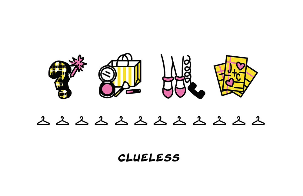 4 icons including a plaid question mark, a cosmetology bag, a pair of a heels with a telephone, and a set of cards that read the initials "J plus C" on them - come together to create the movie Clueless.