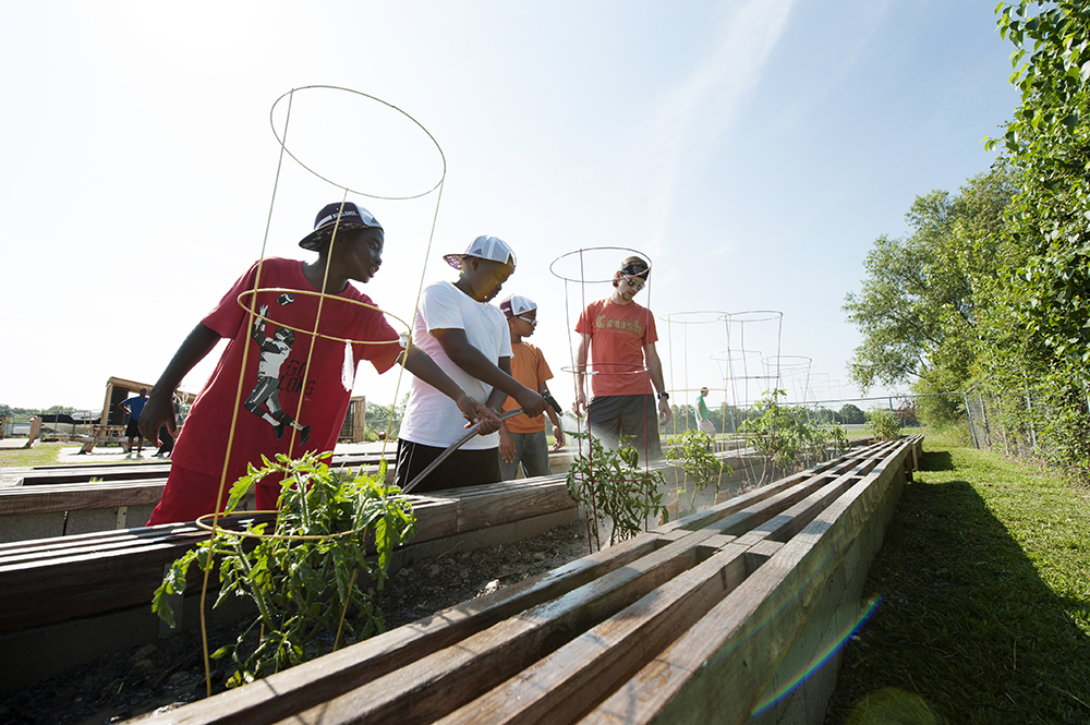 Maroon Center Volunteers help water plants at the Starkville Boys and Girls Club Educational Garden, a School of Architecture outreach project.
 (photo by Megan Bean / © Mississippi State University)