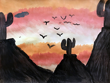 Colorful painting of a sunset in the desert with cactus and birds flying in the sky.