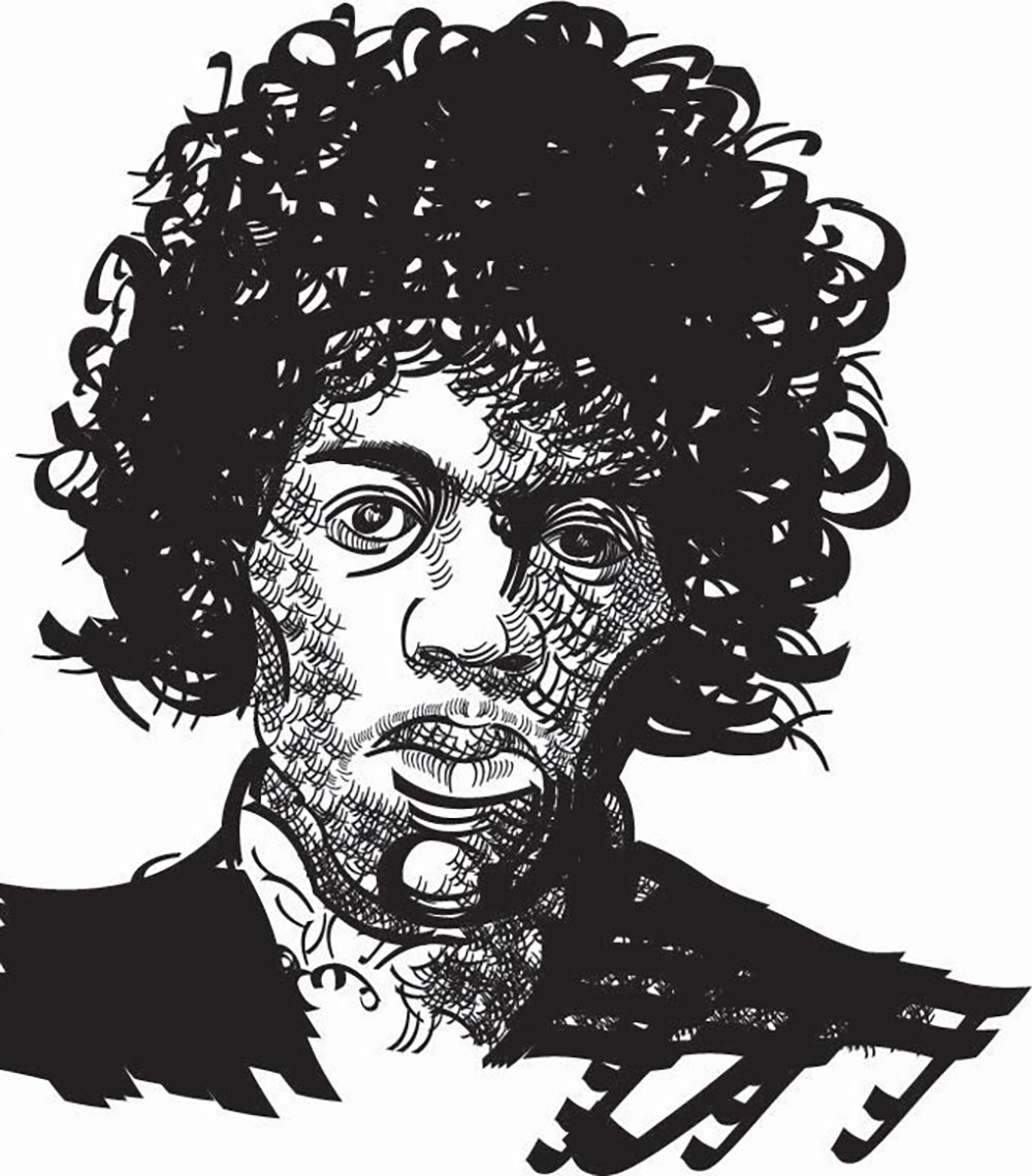 Several letters and symbols come together to create an image of Jimi Hendrix.