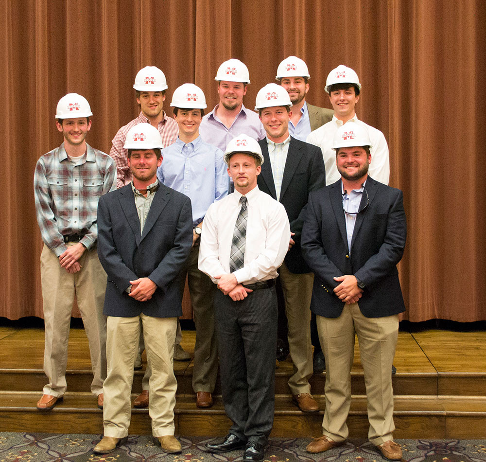 Class of 2016 wearing hard hats: (Front, L to R): John Ford, Connor Goodson; (Second, L to R): Timothy Sullivan, Brent Gaude, Robby Keifer, Jackson Parker; (Back, L to R): Will Sparks, Evan Fuller, Webb Emerson, Kyle Alford
