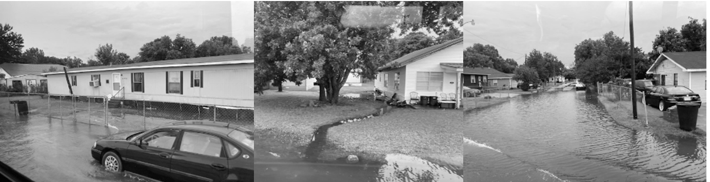 Lopez Barrera’s field research documentation of housing issues in the Mississippi Delta.  Shows three images of flooded houses in black and white
