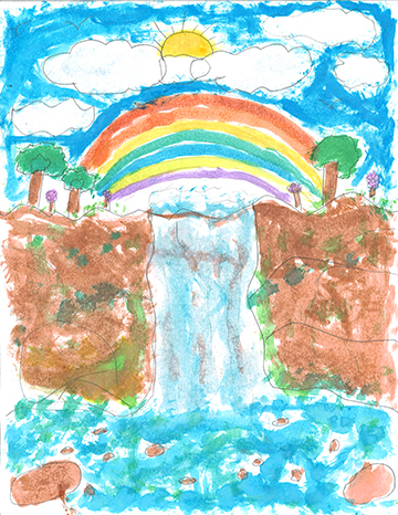 Painting of a waterfall and rainbow.