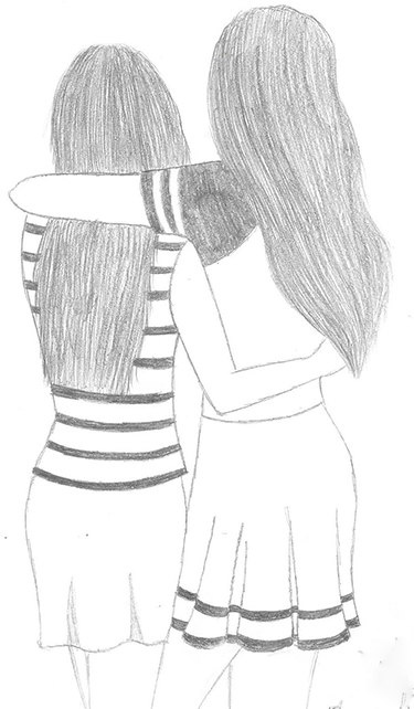 Pencil drawing of two girls hugging.