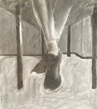 Blakc and white drawing of legs and feet of someone sitting at a desk.