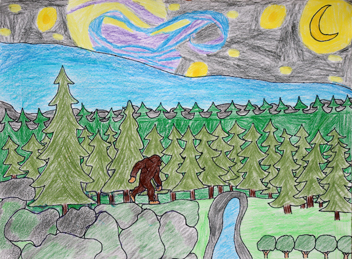 Drawing of Bigfoot walking through the forest
