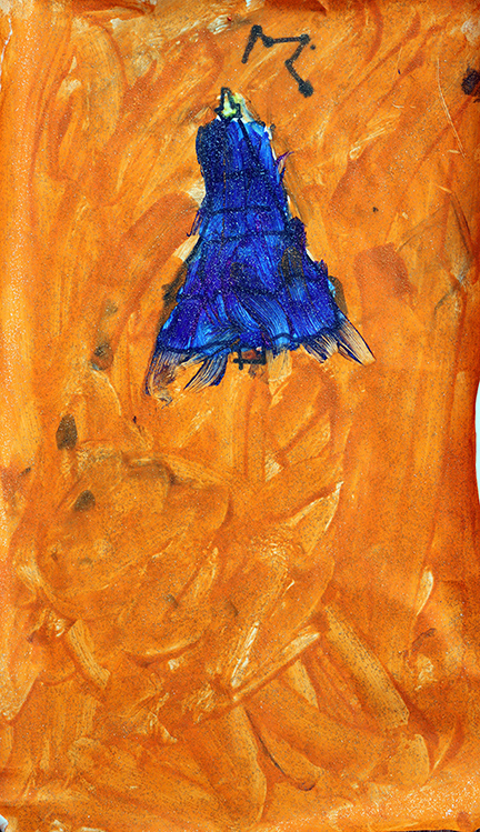 Painting of a blue Christmas tree on an orange background.