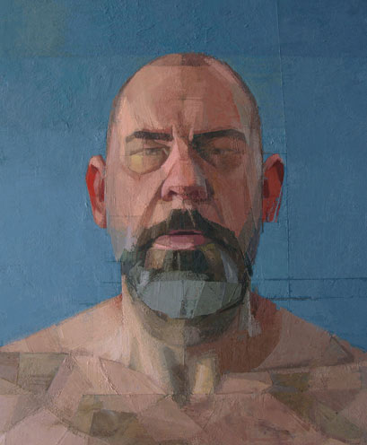 "Blue Self-Portrait 5" painting by Mississippi State University Department of Art Professor Joe Morzuch. Shows his self-portrait (head and shoulders) in a mosaic-type piecing
