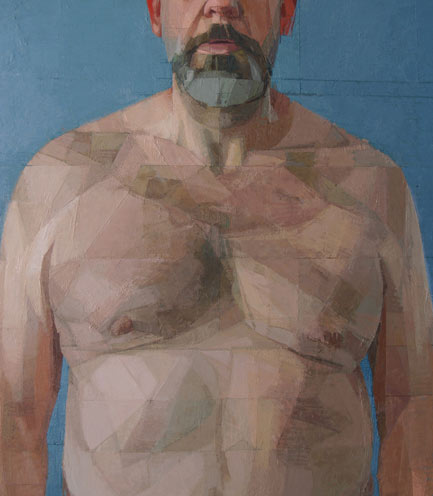 "Blue Self-Portrait 5" painting by Mississippi State University Department of Art Professor Joe Morzuch. Shows his self-portrait (shoulders and torso) in a mosaic-type piecing