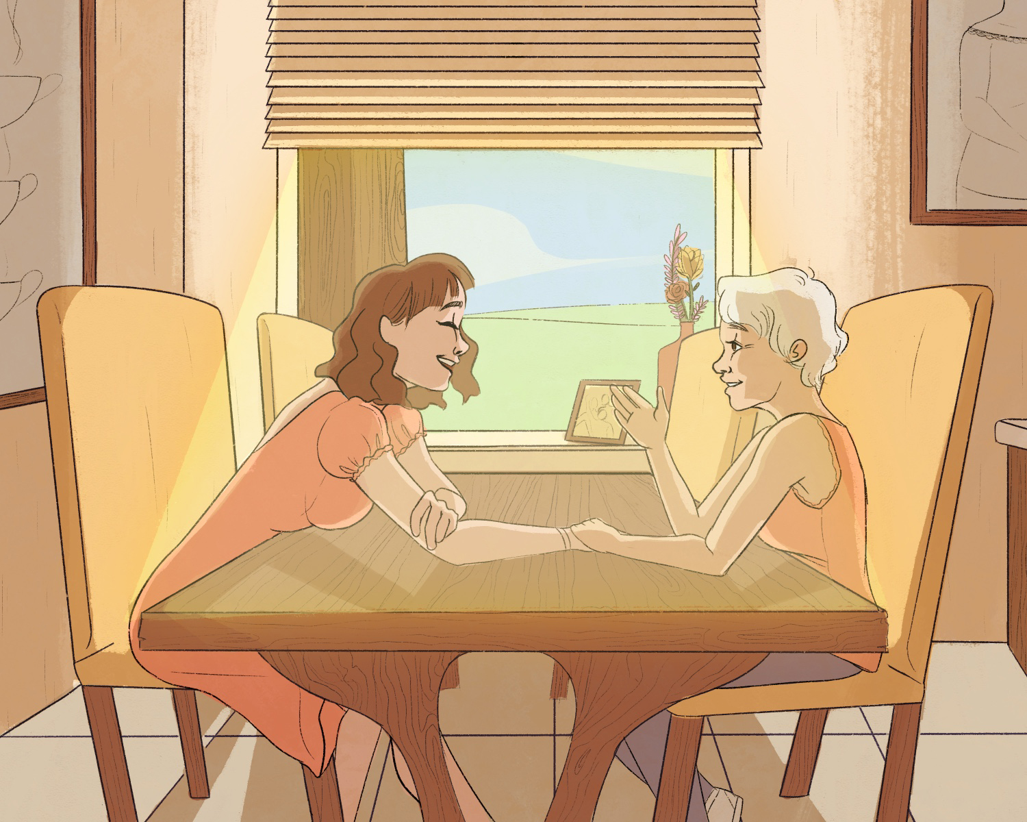Daughter chats with her mother at the dinner table.