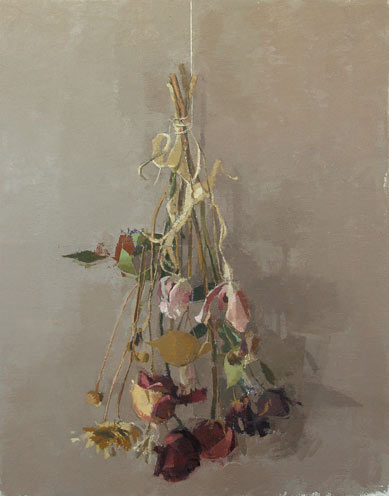 "Boquet", and 18x14 painting of flowers hanging upside down by Mississippi State University Department of Art Professor Joe Morzuch. 