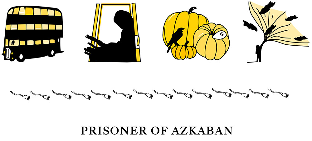 4 icons including: a double decker bus, a door with a scary figure, a set of pumpkins and crows, and a person casting a spell on the scary figures come together to create the movie Prisoner of Azkaban