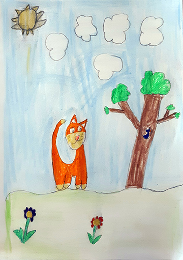 Drawing of an orange cat standing outside with a tree.