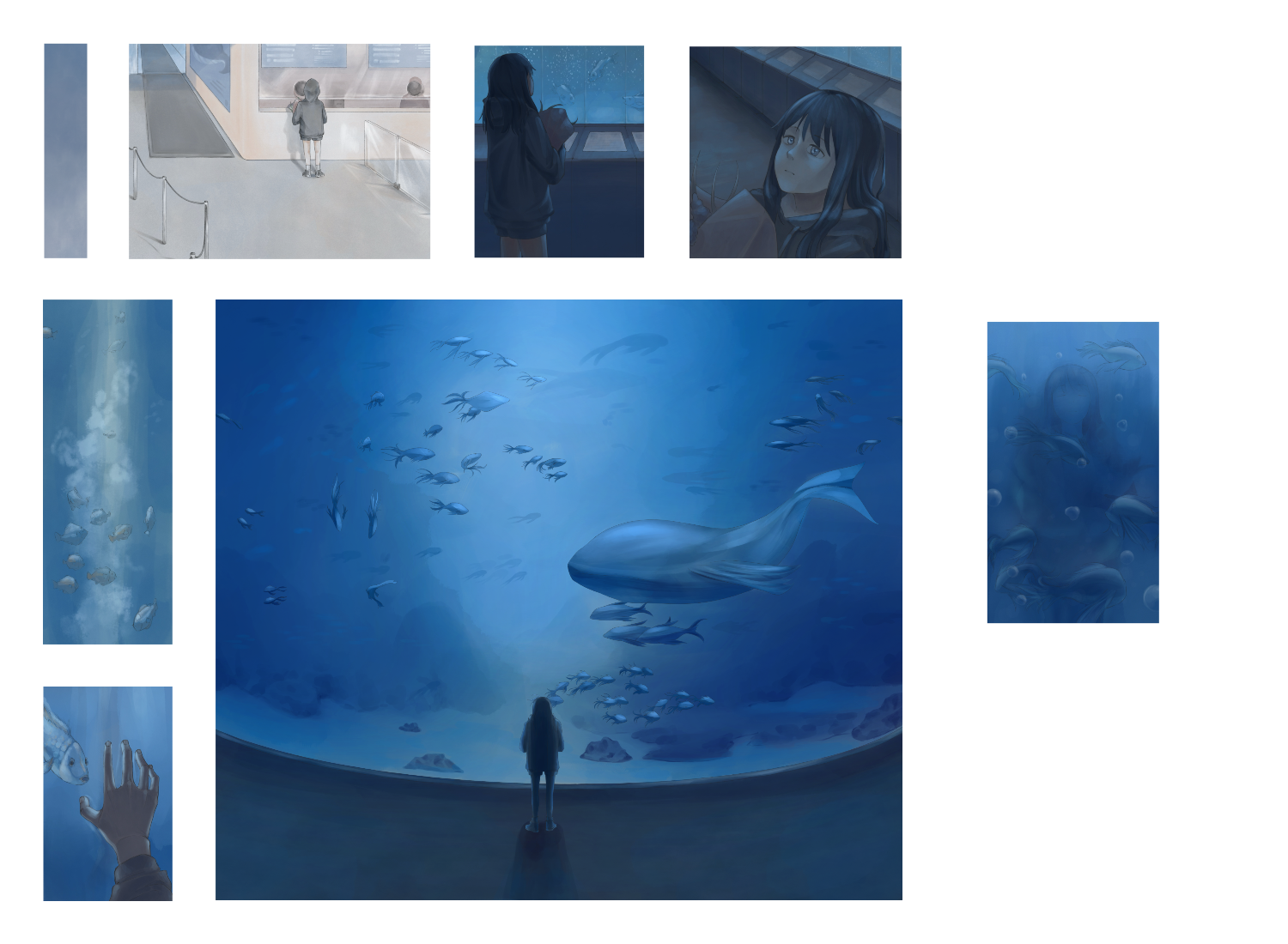 Panels of the girl going to the aquarium while getting mesmerized by the amounts of marine animals.