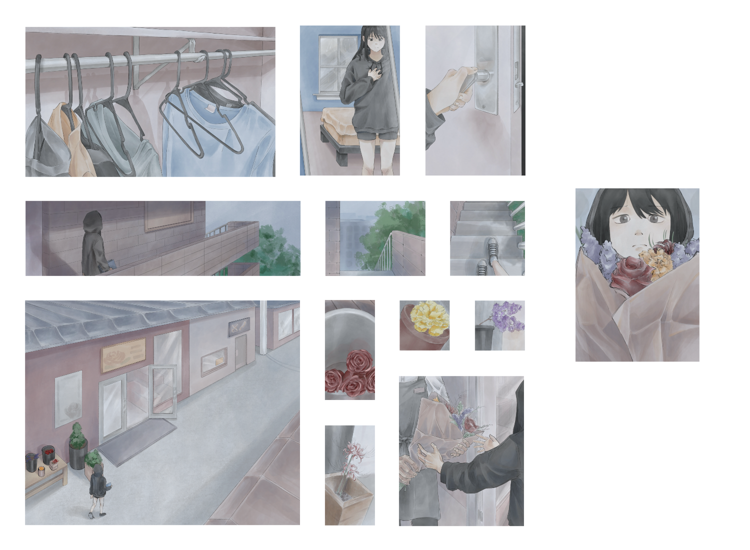 Panels of the girl getting ready to go out and goes to a florist to purchase a bouquet of flowers.