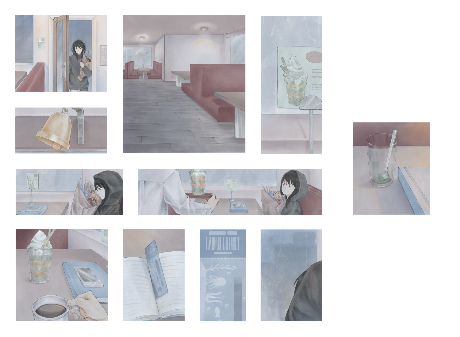Panels of the girl with the bouquet of flowers going into a cafe and ordering the newest menu option. While she enjoys her dessert, she finds an aquarium ticket in her book and decides to go.