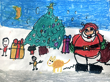 Drawing of Santa Claus standing outside in the snow.