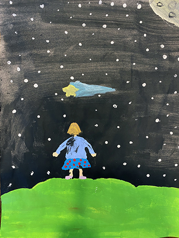 Painting of a blonde girl standing in a green field looking up at the night sky full of stars.