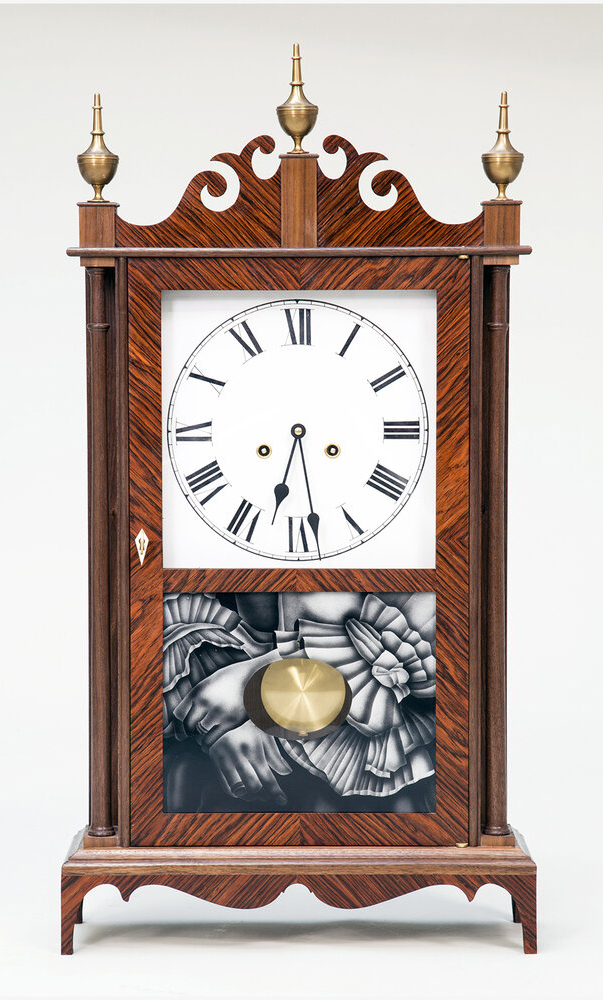 A clock with white face, gold pendulum, and wooden body.