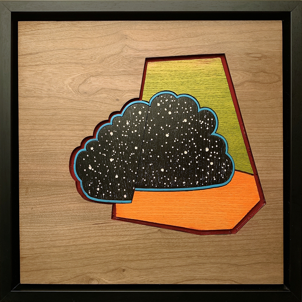 Wooden cloud with black center and blue outline on a green and orange geometric shape.