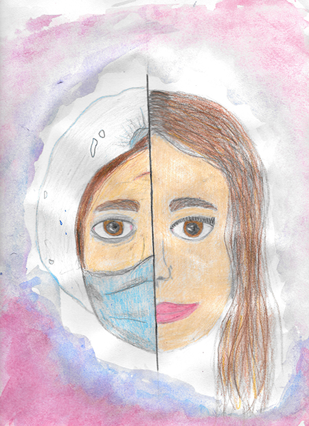 Watercolor painting of a girl's face divided in to two halves, the left half is wearing a face mask, the right side is smiling without a face mask. 