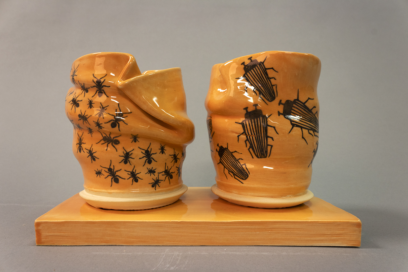 Two orange cups with beetles and ants sitting on a coordinating tray.