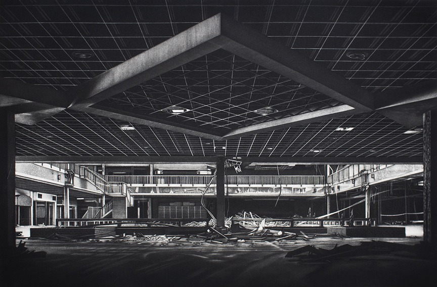 Print of a hand drawn image of a dark building interior.