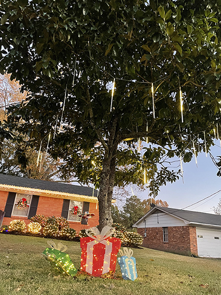 Photograph of Christmas decorations outside of a home.