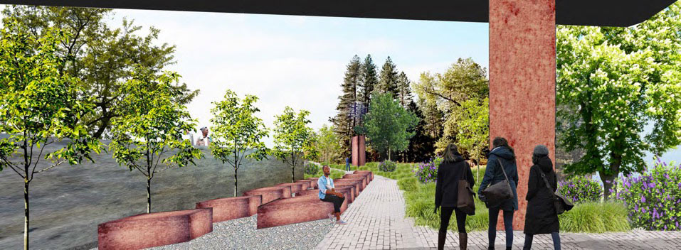 Jared Woullard's design (computer rendering) for the Emmett Till Interpretive Center - shows 3 people walking out of a building to a sidewalk - 1 man seated near the path