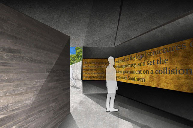 Rendering by Skylar Solan - shows person viewing writing inside a structure