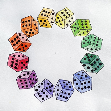 Pen and watercolor painting of many different colored dice arranged in a circle.