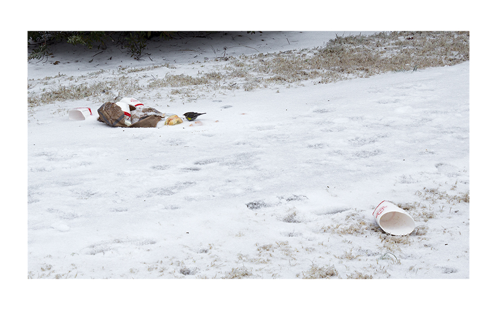 A photograph of trash on the snowy ground. 