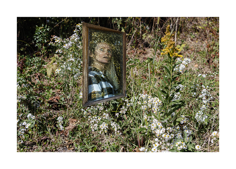 A photoshopped photograph of a frame in a bed of flowers with a woman's face appearing in the frame.