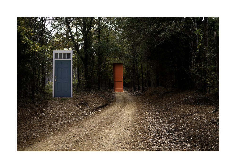 A red and blue door are photoshopped down a dirt road.   