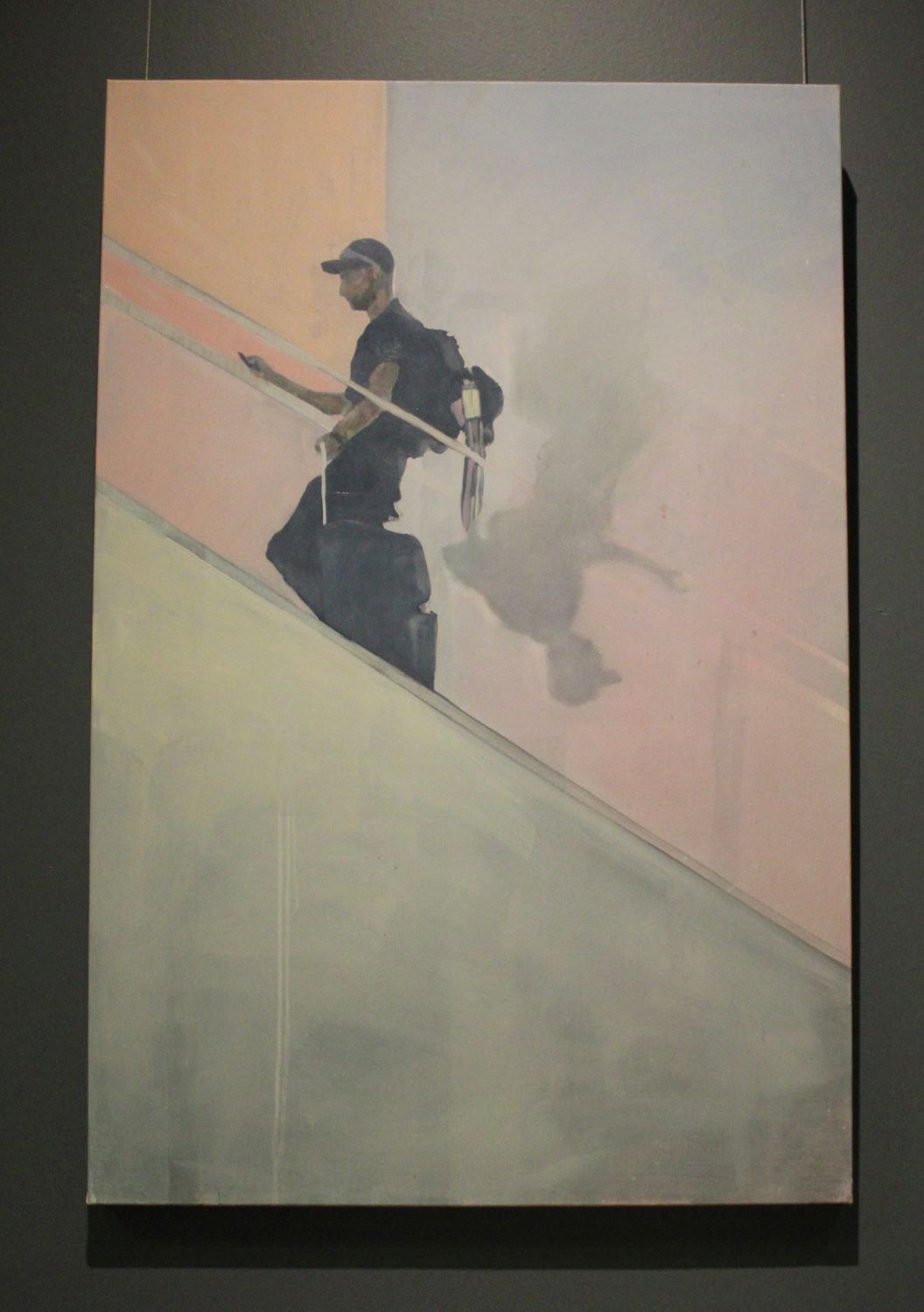 Painting of a man riding an escalator.