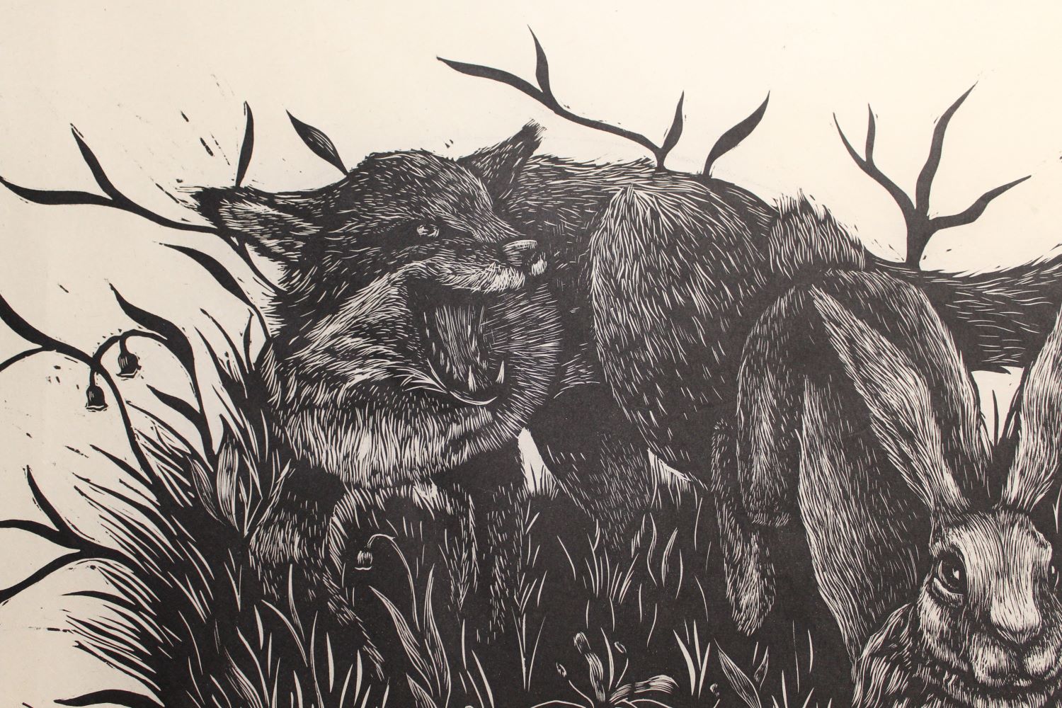 wood cut print of a fox and rabbit in grass