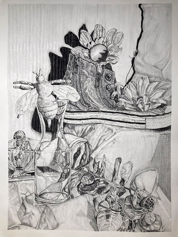 Black and white charcoal drawing of a still life with shoe, flowers, and a large insect in a glass vase.