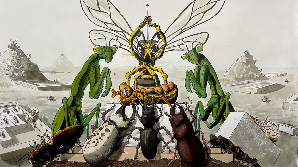 A colored drawing of illustrated like bugs.