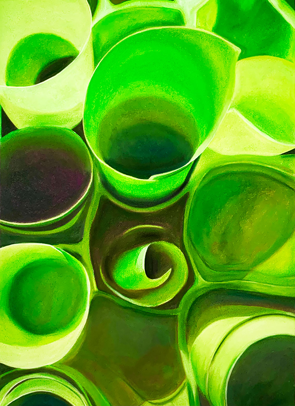 A colored drawing of several ends of rolled up paper in the color lime green
