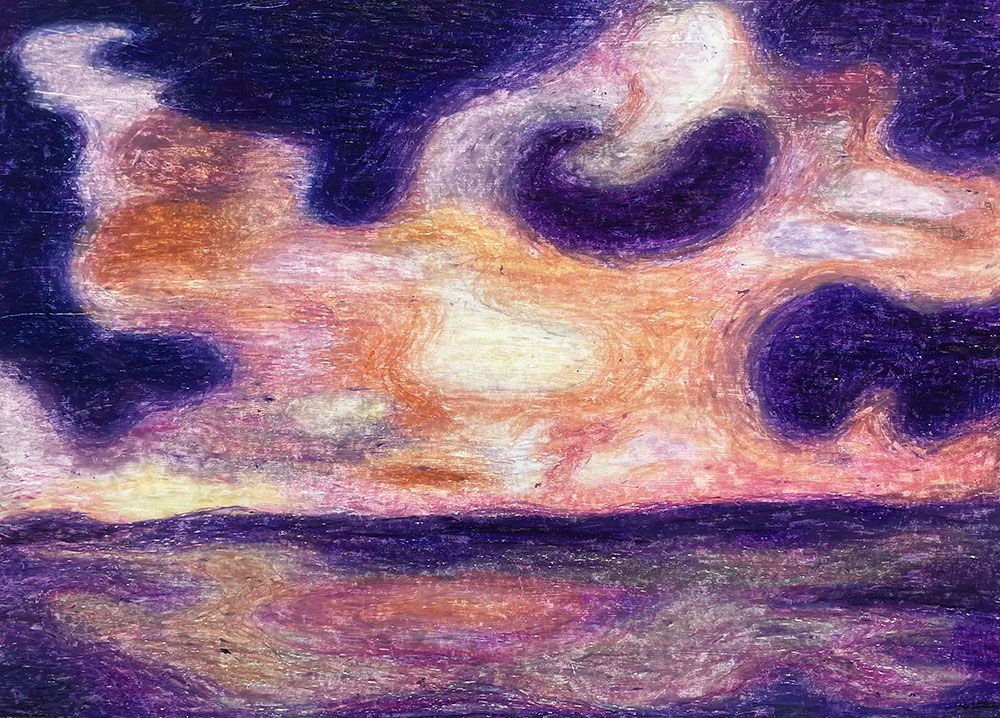 A drawing of what appears to be the suns setting - done in purple pinks and oranges
