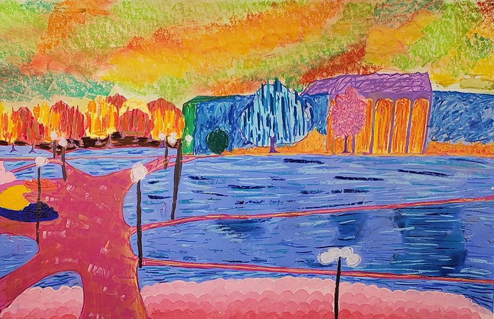 A drawing of a long side walk that reaches over water that leads to a large city and colorful trees