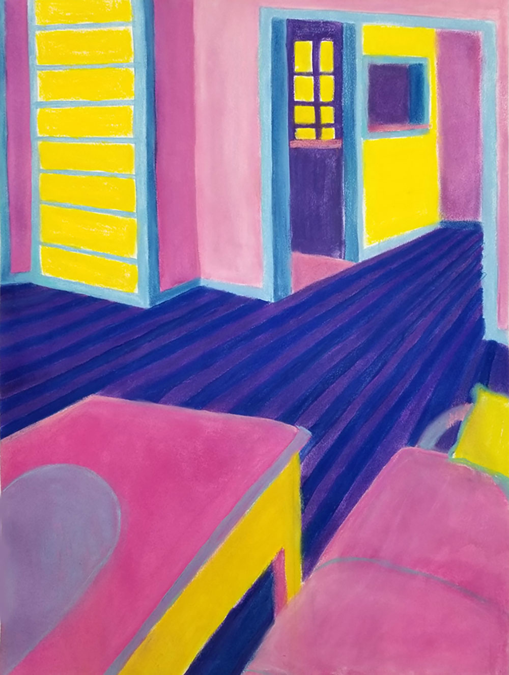 A colorful drawing of a room with a door and desk. using yellow blues purples and pinks