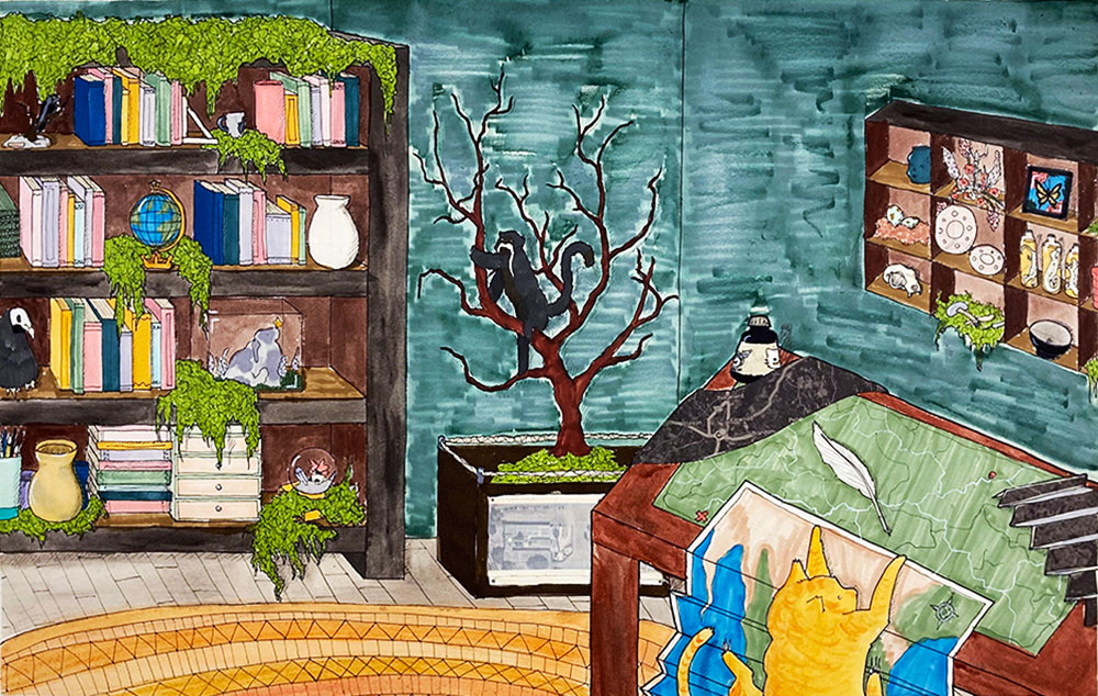 A drawing of what appears to be done in crayola marker, an office room with a tree, a desk, and several shelves full of books