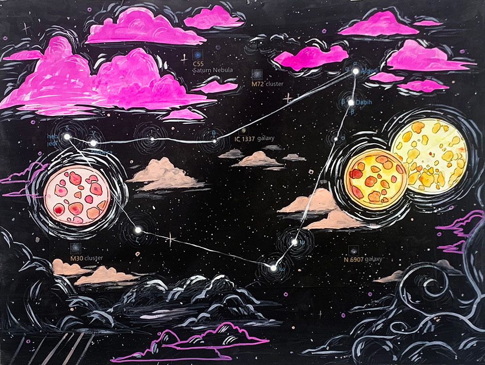 A drawing of the black sky with purple clouds and a constellation. It also appears to have pizza like figures in the sky as well