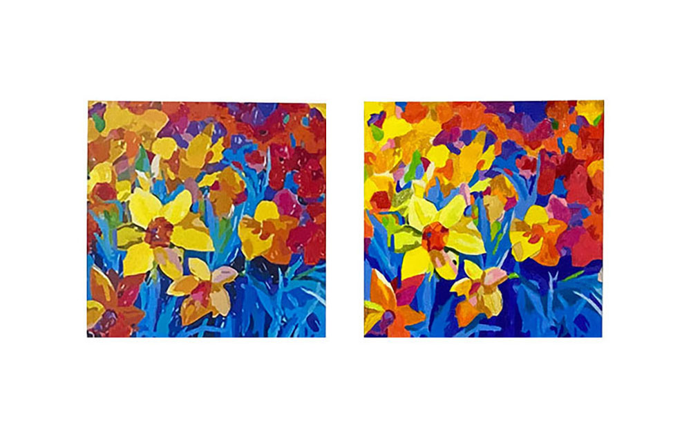 An image of a drawing of very colorful set of flowers, oranges blues and reds are used in the composition
